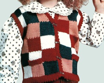Childs Colour Block Waistcoat Girls Multi Vest Knitting Pattern PDF Picot Edge Sleeveless Cardigan DK 8ply 22 - 26" Age 1 - 6 yrs Vintage