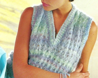 Ladies Lacy V Neck Slipover Vest Top Womens Sleeveless Summer Sweater PDF Knitting Pattern Aran 10ply Worsted 32 - 42" Vintage Downloadable