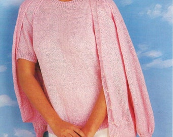 Ladies Plain Raglan Twin Set Cardigan & Short Sleeve Sweater Top PDF Knitting Pattern DK 8ply 32 - 38" Women's Summer Knit Vintage Download
