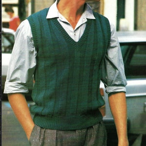 Mens Simple V Neck Slipover Tanktop Vest 2 Row Repeat Sweater PDF Knitting Pattern DK 8ply 36 - 44&quot; Adult Vintage Downloadable