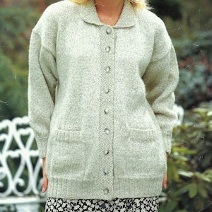 Easy Knit Ladies Long Plain Jacket Womens Cardigan With Collar & Pockets PDF Knitting Pattern Aran 10ply Worsted 32 - 46" Plus Sizes Vintage