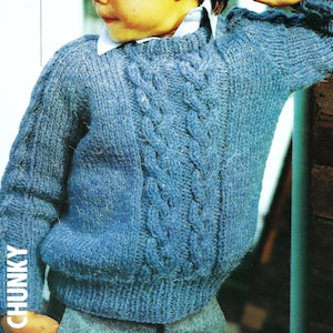 May include: A blue knitted jumper with a cable knit pattern. The jumper has a round neckline and long sleeves. The jumper is made with a chunky yarn.