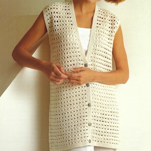Ladies Long Crochet Waistcoat Vest Pattern PDF Womens V Neck Sleeveless Cardigan Cotton DK 8ply 30 - 44&quot; Plus Sizes Vintage Downloadable