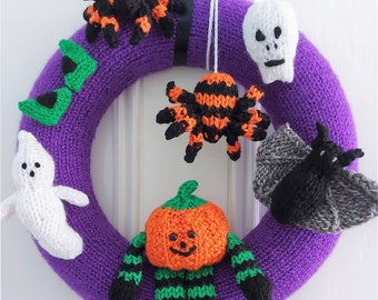 KNITTING PATTERN PDF Halloween Wreath Decoration Chunky ( Bulky )  35cm Pumpkin Man, Ghost, Tarantula Spider, Skull & Bat LH013 Easy