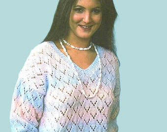 Ladies Girls Lacy V Front or Back Sweater Womens Easy Knit Jumper Pullover PDF Knitting Pattern DK 8ply 26 - 40"  6 - Adult Vintage Download