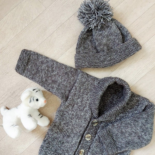 PDF Baby Boys Easy Knit Shawl Collar Jacket Cardigan Pom Pom Hat Knitting Pattern DK 12 - 20" Premature - 12 mths Beginners LH010 Download