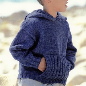 Boys Girls Easy Knit Hoody Childs Hooded Tunic Sweater with Front Pocket PDF Jumper Knitting Pattern DK 8ply 22 - 32&quot; Age 1 - 12 Download