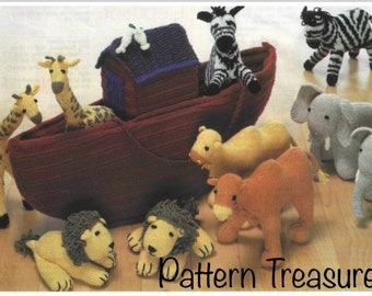 Knitting Pattern PDF download. Noah’s Art Soft Toy Set, Lion Elephant Giraffe Zebra Camel Ark, Dk double knit 8ply, 3mm needles. stuffed toy