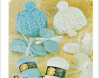 Adorable Bobble Bonnet, Hat, Bootees and Mitts Set knitting pattern, PDF. 0-3 Months Double Knit DK, Vintage Baby Boy Girl Pattern only, PDF