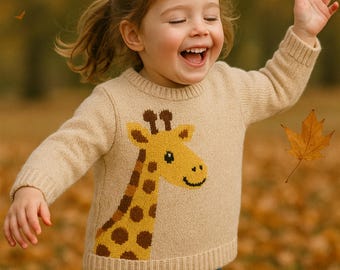 May include: A young child wearing a beige sweater with a giraffe design, paired with blue jeans, smiles broadly with eyes closed. The background features autumn leaves and a blurred, golden-toned environment.