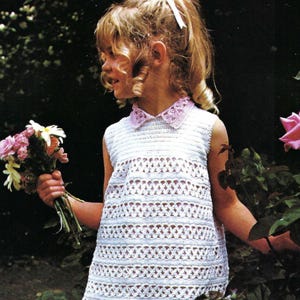 Toddler Girls Lacy Summer Dress PDF Crochet Pattern With Collar & Short Sleeves 22 - 26&quot; Age 1 - 6 yrs Cotton Thread Size 5 Vintage Download