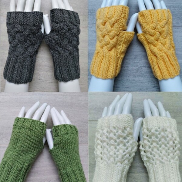 PDF Knitting Pattern Ladies Girls Fingerless Gloves Wrist Warmer Plain Cable Lace DK ( 8 ply ) Teenager Gauntlet One Size