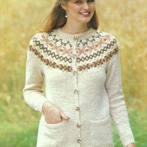 Ladies Fair Isle Yoke Cardigan Womens Yoked Jacket with Pockets PDF Knitting Pattern DK 8ply 34 - 40&quot; Vintage Downloadable