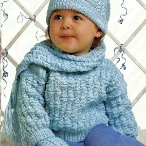 Baby Toddler Boys Cable Sweater Bobble Hat Mittens & Scarf Set Jumper PDF Knitting Pattern 4ply 18 - 24&quot; 3mths - 4 years Vintage Download