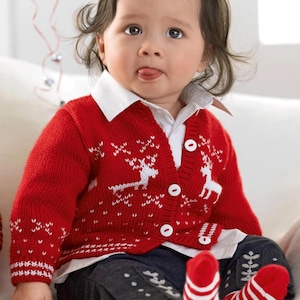 Festive Reindeer Cardigan Baby Boys Girls Christmas Jacket Knitting Pattern PDF DK 8ply 0 - 2yrs Toddler 16 - 22&quot; Downloadable