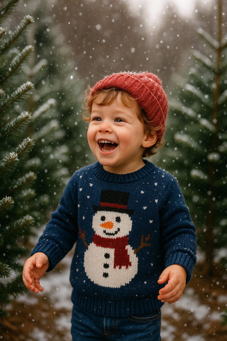 Puede incluir: Un ni&ntilde;o lleva un su&eacute;ter azul marino con un dise&ntilde;o de mu&ntilde;eco de nieve y un gorro de punto rojo. El su&eacute;ter presenta un mu&ntilde;eco de nieve con sombrero de copa negro, bufanda roja y nariz de zanahoria. Copos de nieve blancos dispersos.