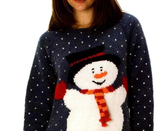 Ladies Snowman Motif Christmas Sweater Womens Festive Jumper PDF Knitting Pattern 30 - 48" Plus sizes Aran 10ply Worsted Downloadable