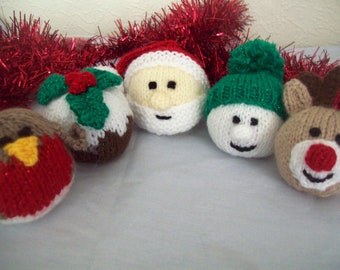 Knitting Pattern PDF Christmas Tree Baubles Decorations Pudding Santa Reindeer Robin Snowman Xmas Ornament DK (8 ply) Downloadable BB009