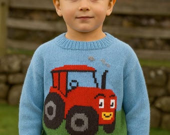 Child's Cute Tractor Motif Sweater Knitting Pattern PDF Boys Girls Toddler Intarsia Jumper DK 8ply 20 - 28" Baby Age 6m - 8 years Download