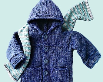 Easy Knit Childs Hooded Jacket Boys Girls Chunky Cardigan Coat & Scarf PDF Knitting Pattern Beginners Bulky 12ply 20 - 26" Age 1 -6 Download