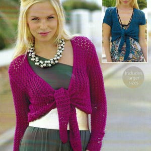 Ladies Tie Front Crop Bolero Long or Short Sleeve Womens Summer Shrug Lacy Jacket PDF Knitting Pattern DK 8ply 32 - 54" Plus Sizes Download