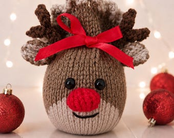 Reindeer Chocolate Orange Cover Knitting Pattern PDF Christmas Gift Bag DK 8ply Height 12cm Easy Knit Download