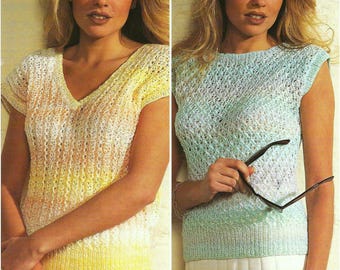 Ladies Lacy Summer Top Knitting Pattern PDF Womens V or Round neck Sleeveless Sweater DK 8ply 26 - 40" Vintage Downloadable