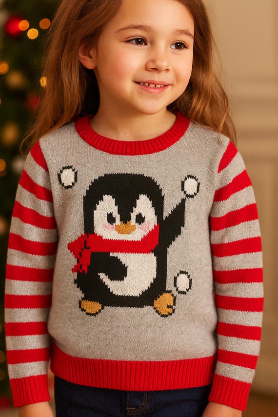 Childs Penguin Motif Christmas Sweater PDF Knitting Pattern Baby