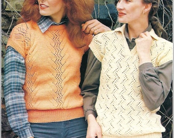 Womens Slipover Vest Top 2 Lacy Designs Ladies Vertical Chevron Tanktop V Round Neck PDF Knitting Pattern DK 8ply 32 - 40" Vintage Download