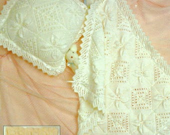 Lace or Leaf Edge Baby Pram Cover Blanket & Pillow Cushion Cover PDF Knitting Pattern DK 8ply Crib Cot 32 x 32cm  72 x 56cm Vintage Download