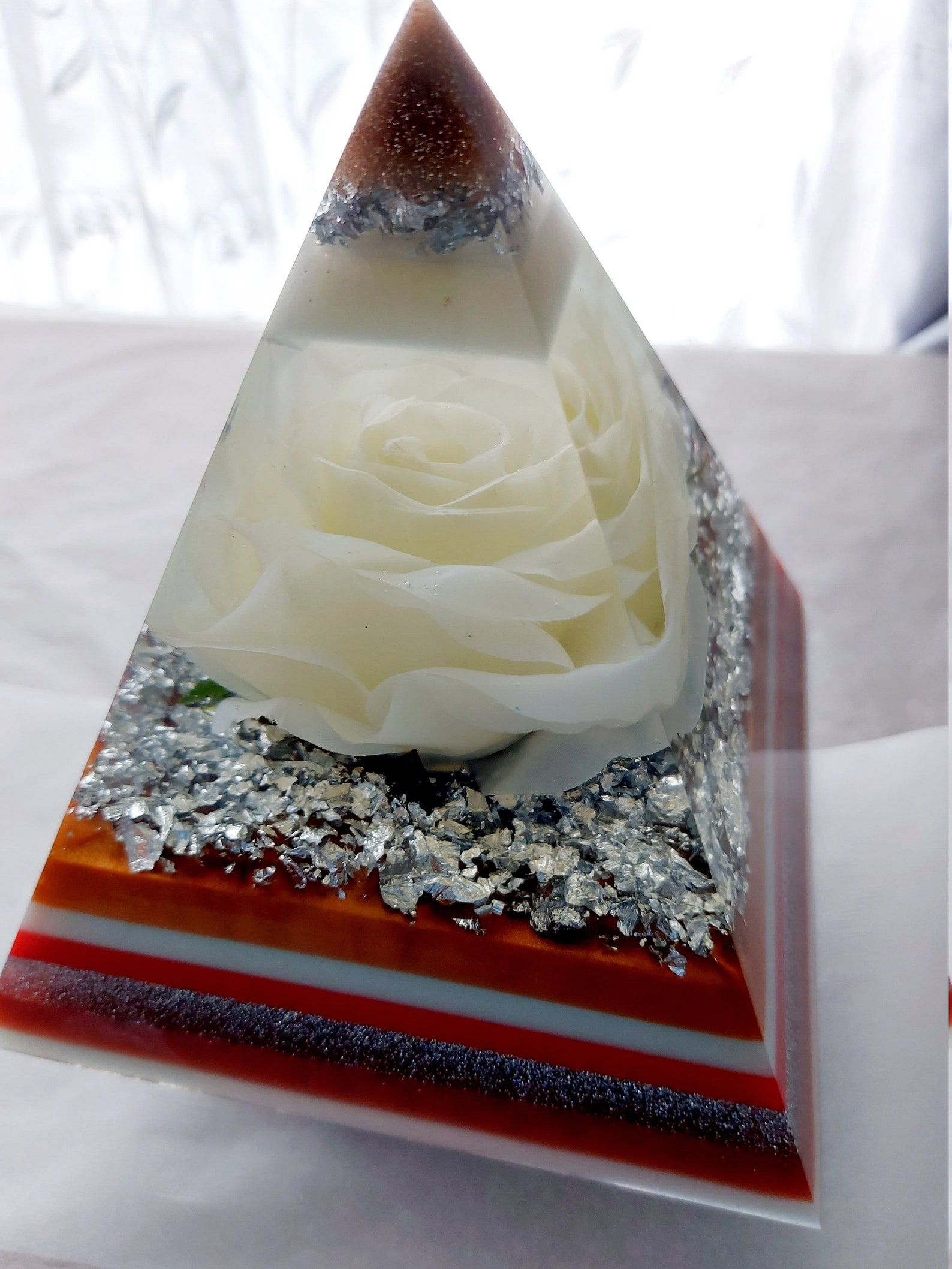 Handmade Cream Rose Flower Resin Pyramid Silver Leaf Glitter Etsy