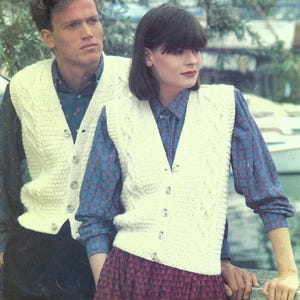 Mens Ladies V Neck Cable Waistcoat Womens Aran Vest Sleeveless Cardigan PDF Knitting Pattern 10ply Worsted 30 - 44&quot; Vintage Download