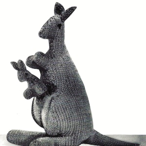 Kangaroo Toy with Joey PDF Knitting Pattern DK 8ply Vintage Australian Animal Height 10&quot; 26cm Boys Girls Downloadable