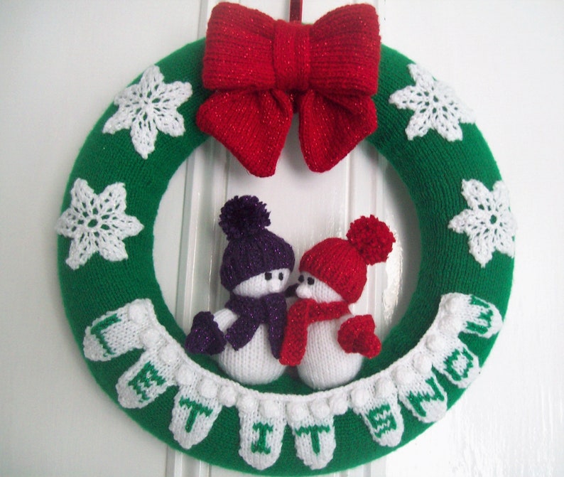 Knitting Pattern PDF Christmas Wreath ' Let It Snow ' Banner Snowman Snowflake Big Bow DK 8 ply 35cm Xmas Gift Decoration Ornament BB007 image 2
