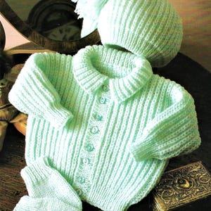 Baby Boys Girls Fishermans Rib Jacket Hat & Mittens Set Cardigan Collar PDF Knitting Pattern DK 8ply, 18 - 24" Toddler 3m - 4 yrs Vintage