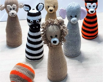 PDF Knitting Pattern Cute Toy Skittle Set Animal Lion Tiger Zebra Elephant Bear Monkey Childs Game Digital Download Bowling Pins BallLH018