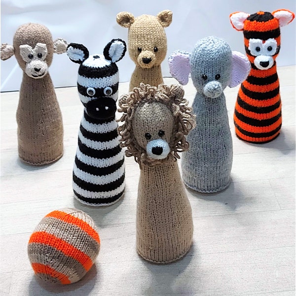 PDF Knitting Pattern Cute Toy Skittle Set Animal Lion Tiger Zebra Elephant Bear Monkey Childs Game Digital Download Bowling Pins BallLH018