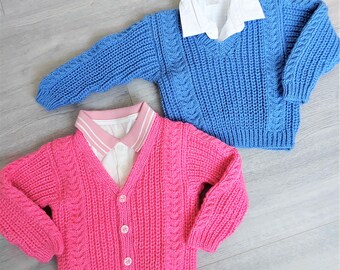 Baby Girls Boys Rib & Cable Easy Knit Sweater Cardigan Jumper V Neck PDF Knitting Pattern DK ( 8 ply ) 16 - 24" 0 - 4 years Download