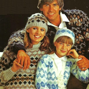 Family Fair Isle Sweater Cardigan Knitting Pattern PDF Mens Ladies Childs Beanie Hat Chunky Bulky 12 ply 22 - 40&quot; Age 2 - Adult Vintage