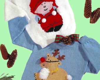 Christmas Sweater 4 Designs Boys Girls Elf Reindeer Snowman Jumper Knitting Pattern PDF DK 8ply 20 - 38" 6mths - Adult Womens Mens Vintage