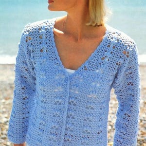 Crochet Pattern PDF Ladies Easy Summer Jacket Lacy V Neck Cardigan Silky Look DK 8ply 30 - 40&quot; Vintage Download