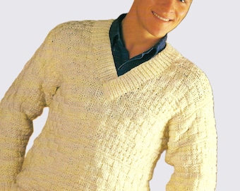 Mens Basket Weave Chunky Sweater Knitting Pattern PDF Easy Knit Gents Vintage V Neck Jumper Pullover Bulky 12ply 36 - 46" Vintage Download