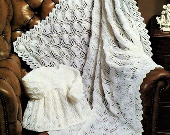 beautiful Baby Shawl Matching Matinee Coat Girls Lacy Cardigan Jacket PDF Knitting Pattern  4ply 16 - 20" 0 - 12 mths 50 x 50" Vintage