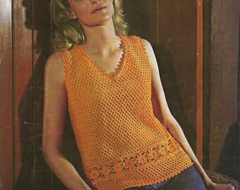 PDF Crochet Pattern Ladies Lacy Vest Top Womens V Neck Slipover Flower Motif Border Tanktop 3ply 34 - 40" Vintage Downloadable