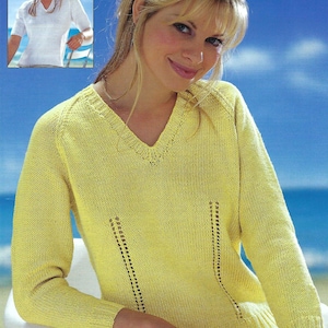 May include: A yellow knitted sweater with a v-neck and long sleeves. The sweater has a delicate lace pattern on the front.
