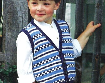 Toddler Boys Fair Isle Waistcoat Summer Sleeveless Cardigan Vest PDF Knitting Pattern Cotton DK 8ply 20 - 30"  1 - 10 yrs Vintage Download