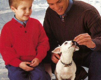 Mens Boys Front Neck Fastening Sweater Jumper PDF Knitting Pattern Childs Textured Pullover  DK 8ply 28 - 42" Age 7 - Adult Vintage Download