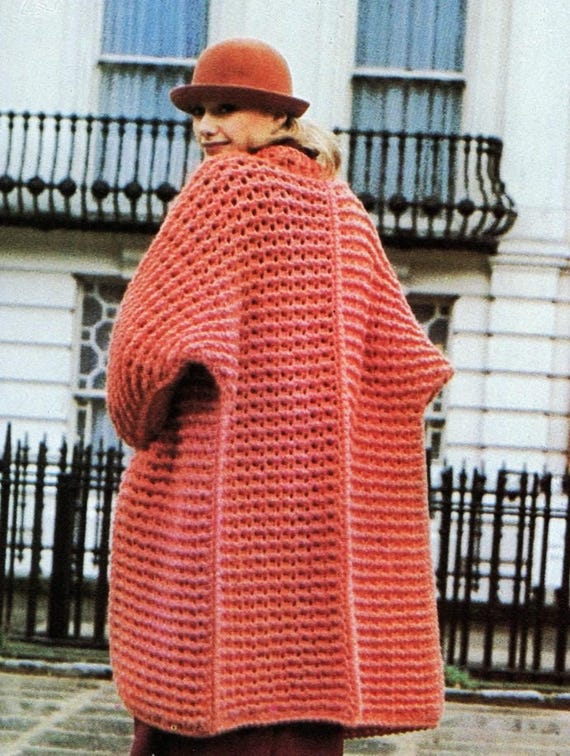 PDF Crochet Pattern Ladies Long Loose Fit Coat Womens Oversized Jacket Cardigan Super Chunky Bulky 16ply 32 - 38" Vintage Downloadable