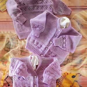 Baby Girls Eyelet Textured Cardigan Sweater V Round Neck PDF Knitting Pattern DK  8 ply 16 - 22&quot; 0 - 2 years Vintage Download 3838