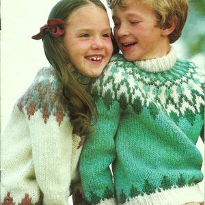 Boys Girls Childs Fair Isle Sweater Yoked Jumper Icelandic Pullover PDF Knitting Pattern Chunky Bulky 12ply 24 - 32" Age 3 - 12 yrs Vintage